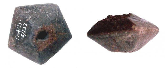 Pentahedral spindle whorl, found during the Scavi Kleibrink 1991-2004 on the Timpone della Motta, 8th century BC, National Archaeological Museum, Sibari. Pentahedral spindle whorl, found during the Scavi Kleibrink 1991-2004 on the Timpone della Motta, 8th century BC, National Archaeological Museum, Sibari.